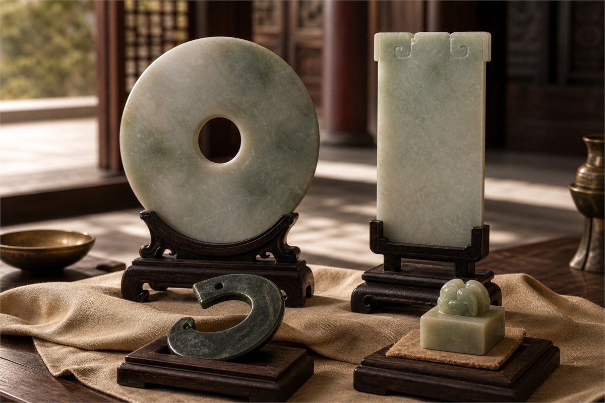 Ancient jade bi disc, ceremonial tablet, and seal arranged in a dignified court ritual setting