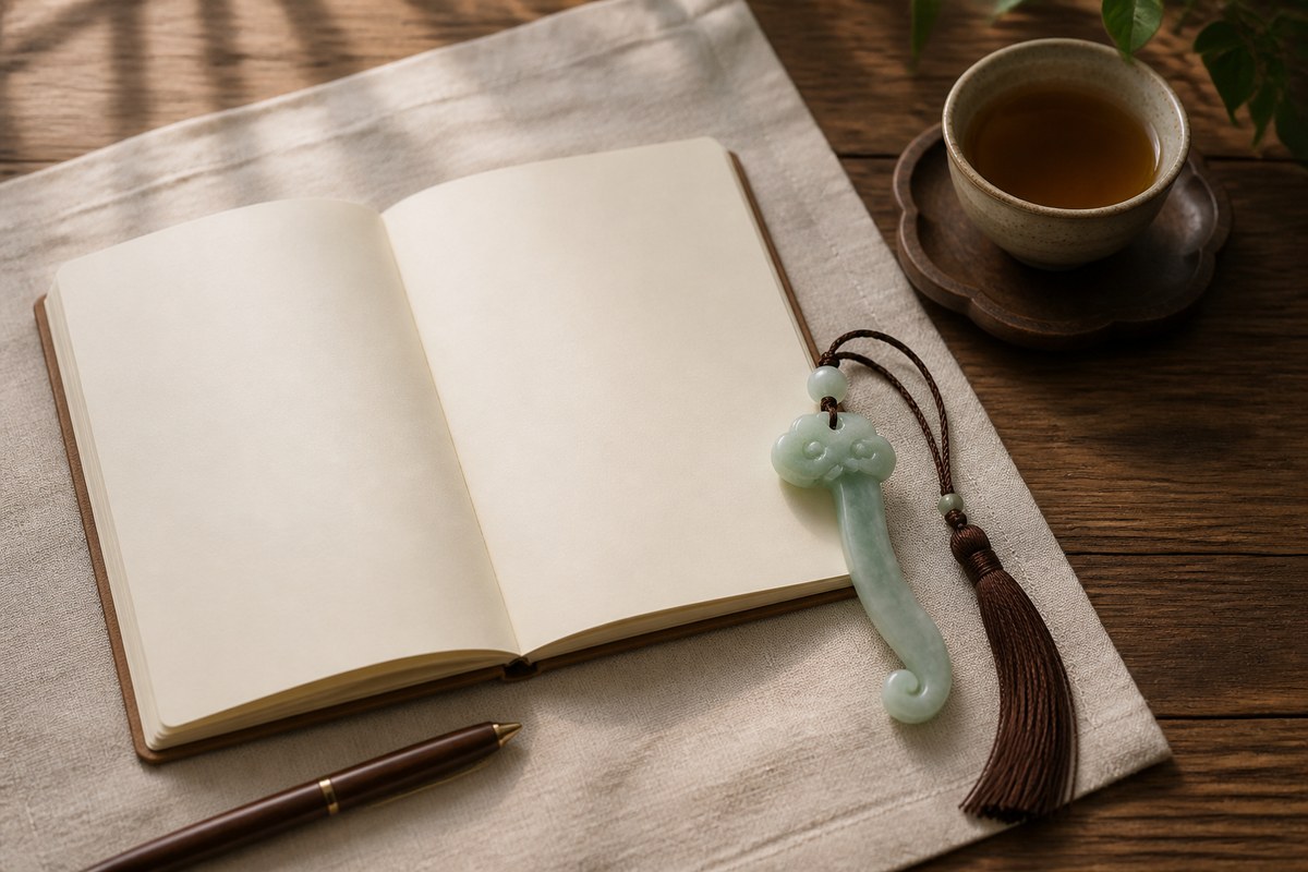 Jade Ruyi pendant beside a blank notebook and tea cup on warm wood for cultural interpretation