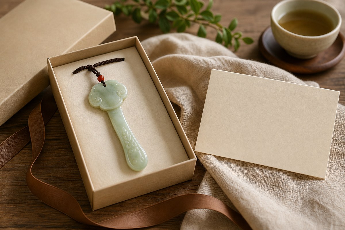 Jade Ruyi pendant beside a neutral gift box and blank greeting card on warm linen