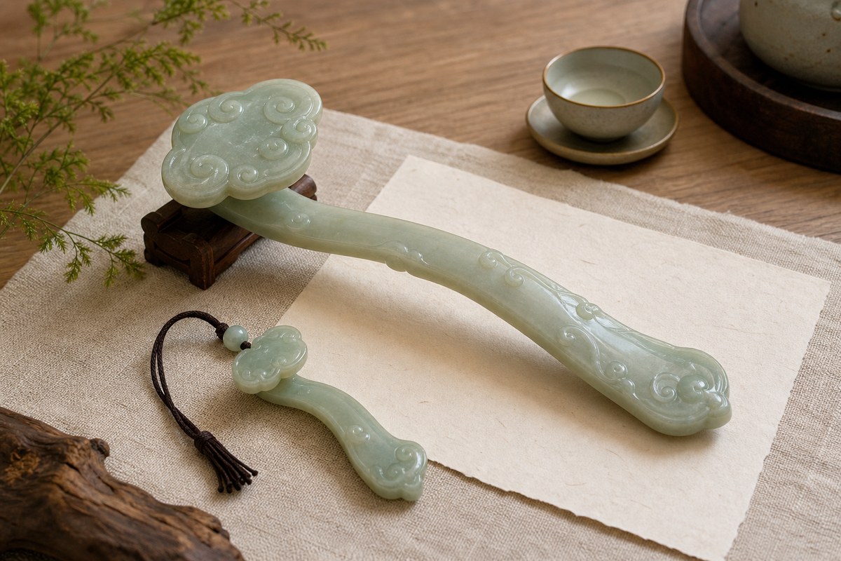Pale jade Ruyi ornament and pendant on warm linen and parchment showing the Ruyi cloud-head form