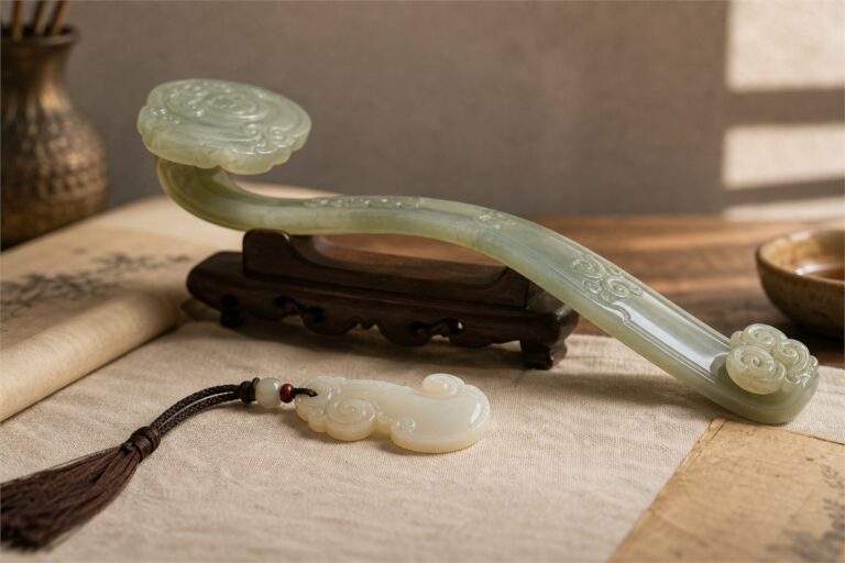 White jade Ruyi pendant beside a Qing-inspired Ruyi scepter silhouette