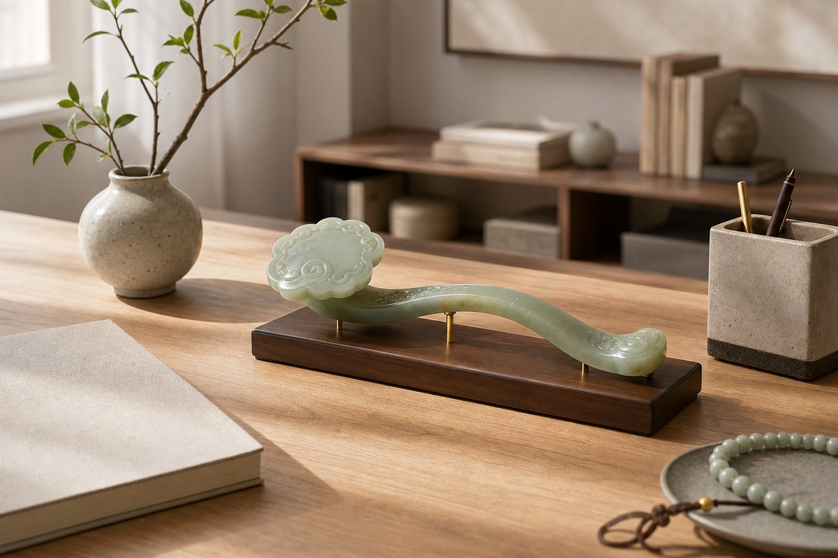 Jade Ruyi ornament displayed on a modern warm wood desk with neutral ceramics and blank book