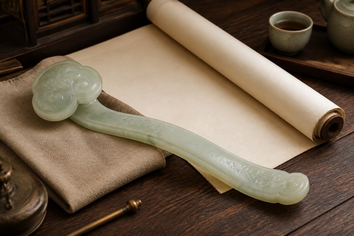 Jade Ruyi scepter on a vintage wood desk with blank scroll paper and tea ware