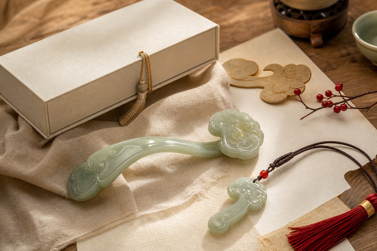 Jade Ruyi pendant and ornament with a neutral gift box, parchment, and restrained red cord accent