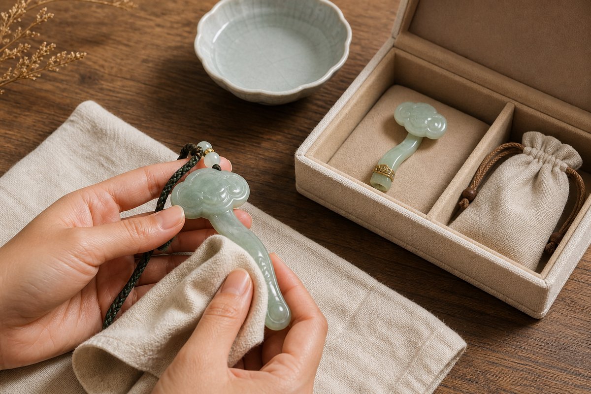Jade Ruyi pendant and ornament being cleaned with a soft cloth beside a neutral storage box