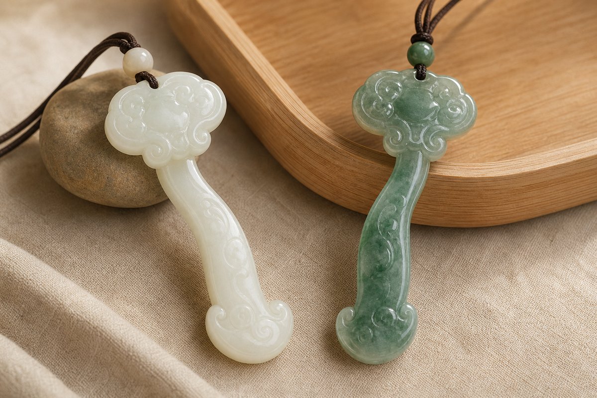 Creamy white and muted green jade Ruyi pendants side by side showing different jade textures