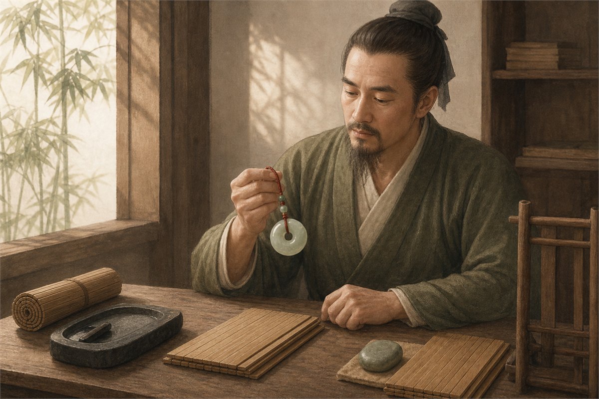 Scholar examining a warm white jade pendant beside bamboo slips and a polishing stone