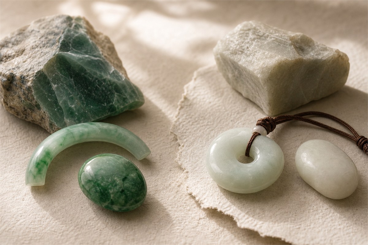 Translucent green jadeite and softly lustrous white nephrite displayed side by side with rough stone samples