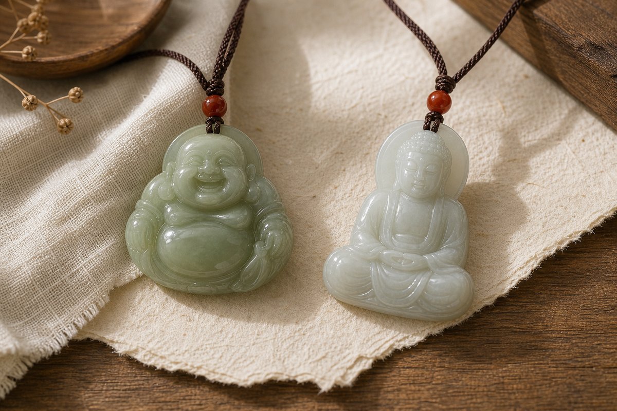 Laughing Buddha jade pendant and seated Buddha jade pendant compared on warm linen