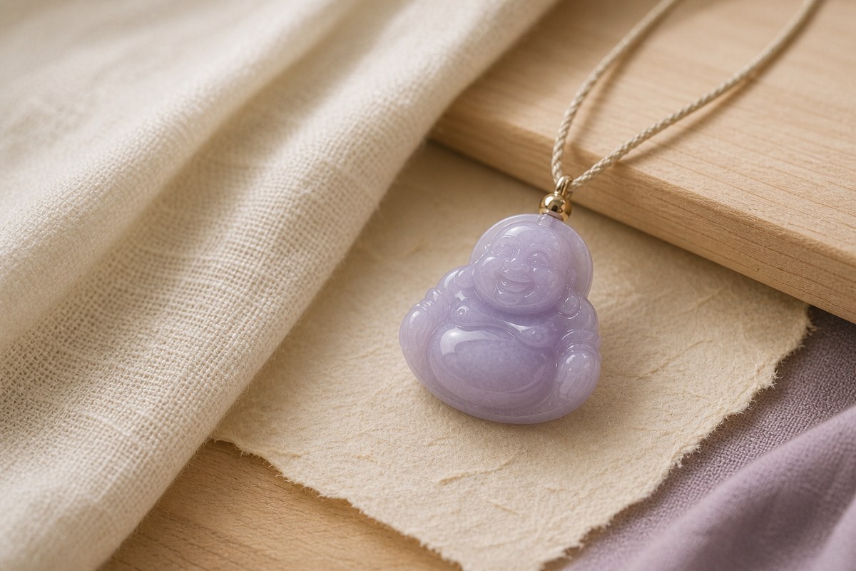 Soft lavender jade Buddha pendant on warm ivory linen and light wood