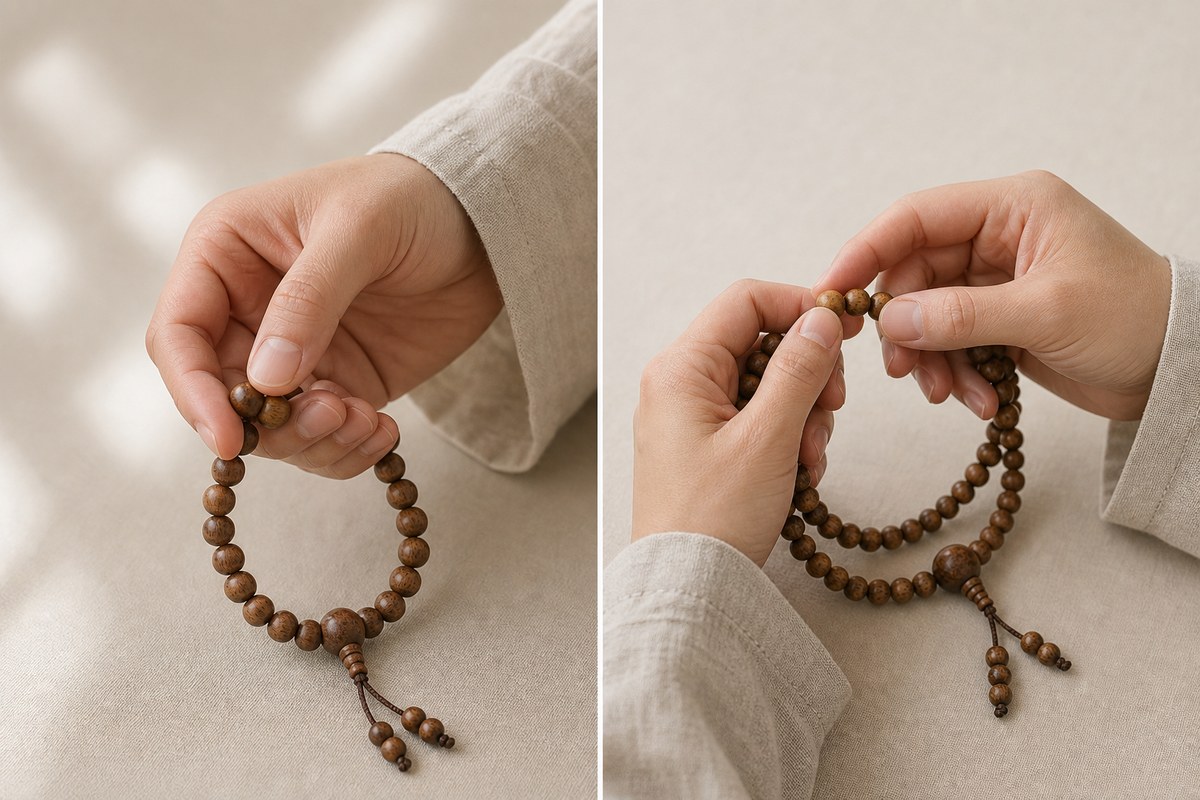 A paired close view of mala counting with the left hand and with both hands
