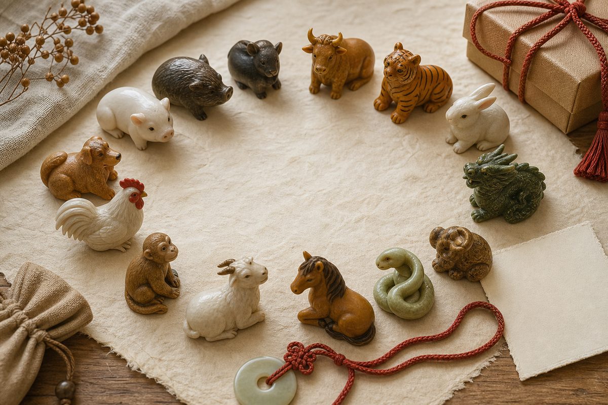 Zodiac animal figurines arranged in a circle with red cord, jade charm, blank gift card, and gift box