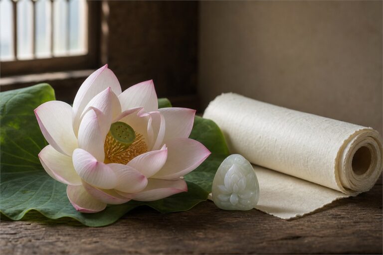 Natural pale lotus flower and leaf beside a restrained jade lotus carving on warm linen