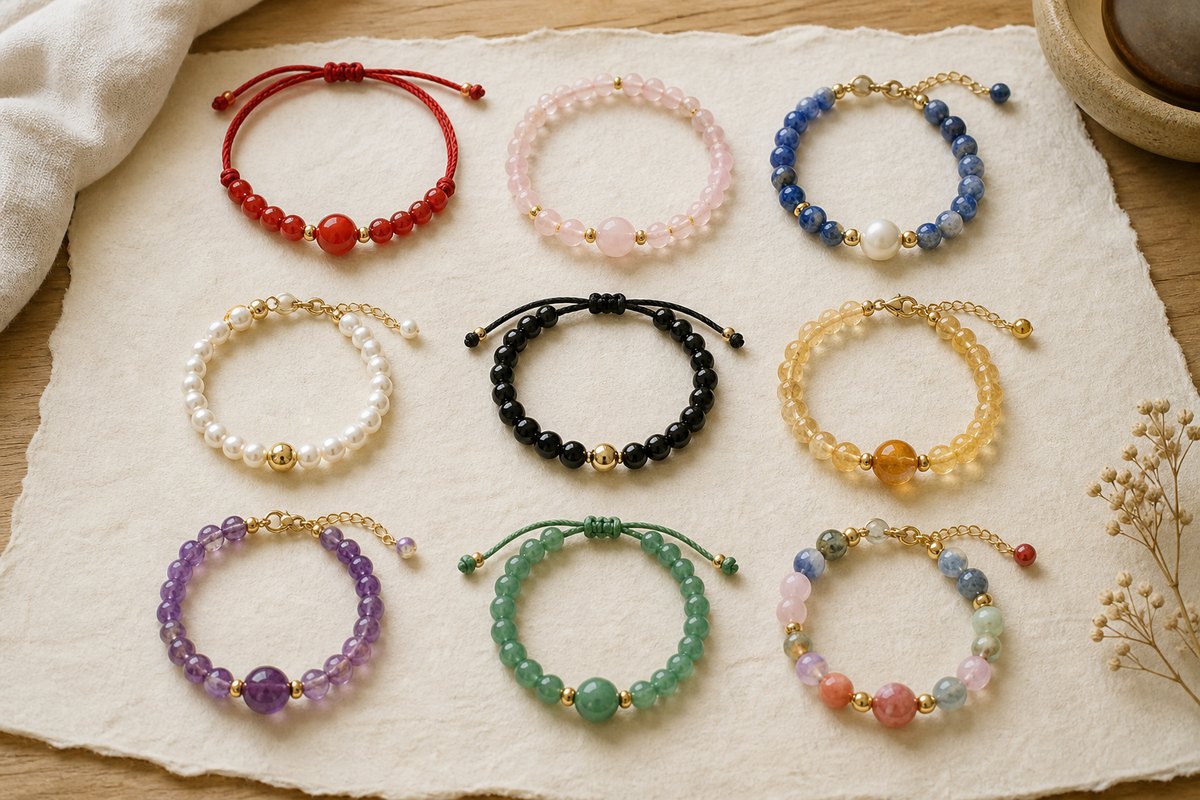 Red, pink, blue, white, black, yellow gold, purple, green, and multicolor bracelet samples on ivory paper