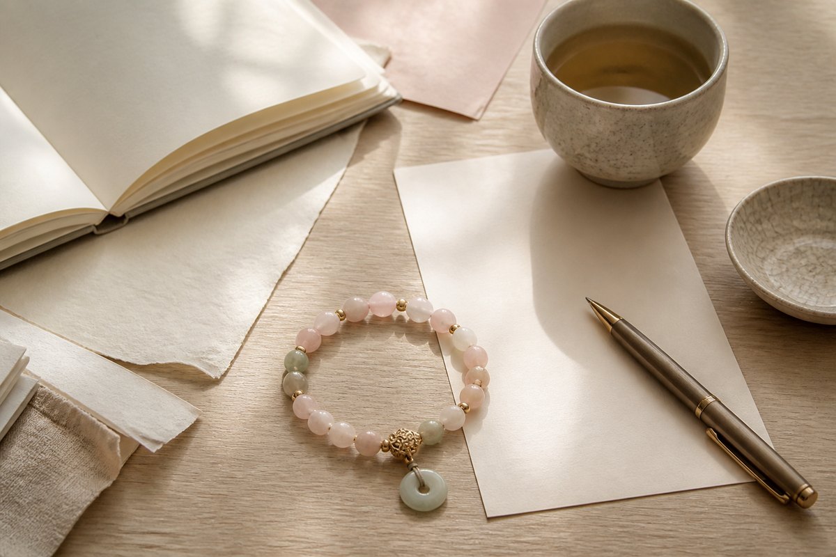 Bracelet beside blank paper, a pen, and a ceramic cup on a warm ivory desk
