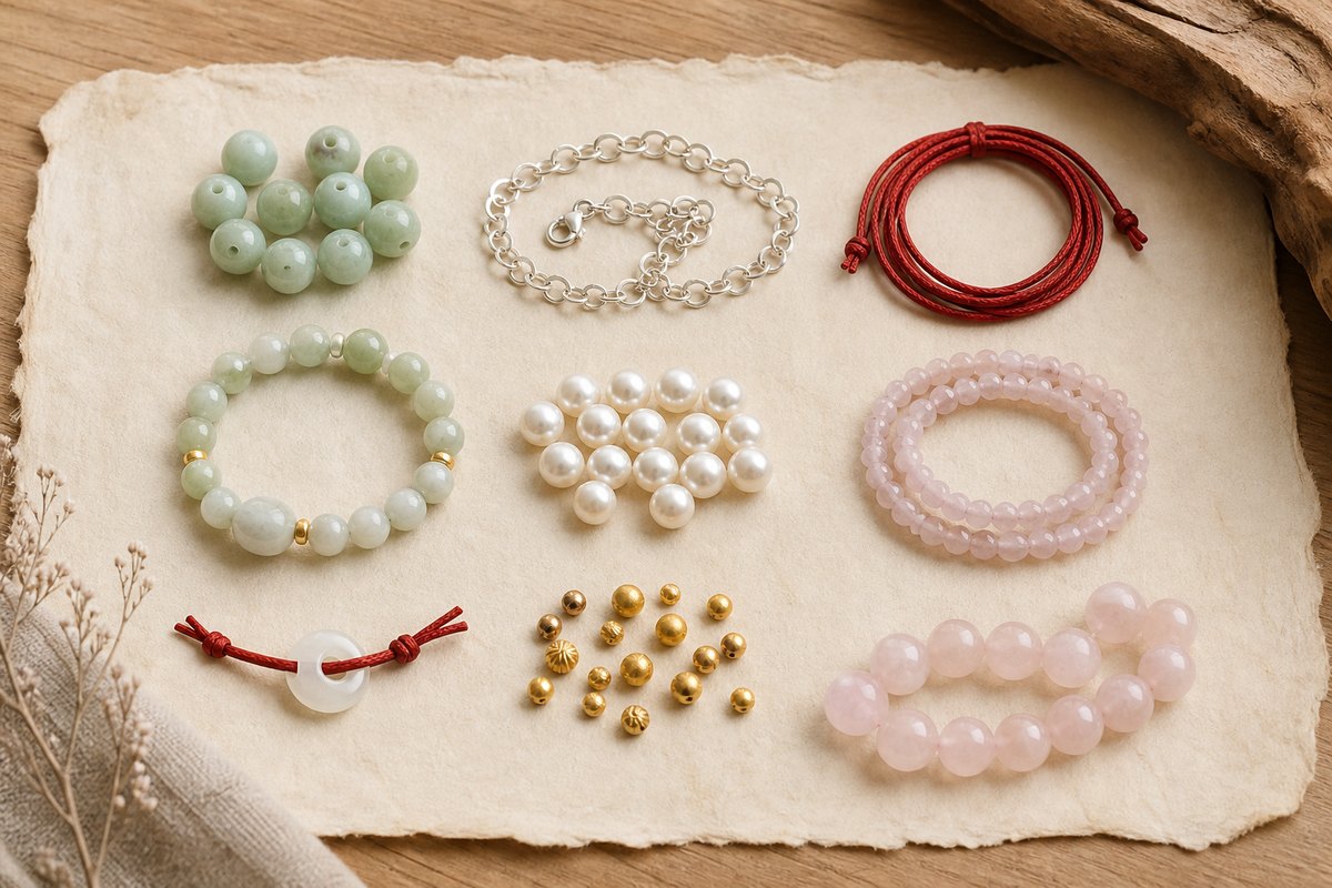 Jade beads, silver chain, red cord, pearls, gold beads, and pink crystals arranged as material samples