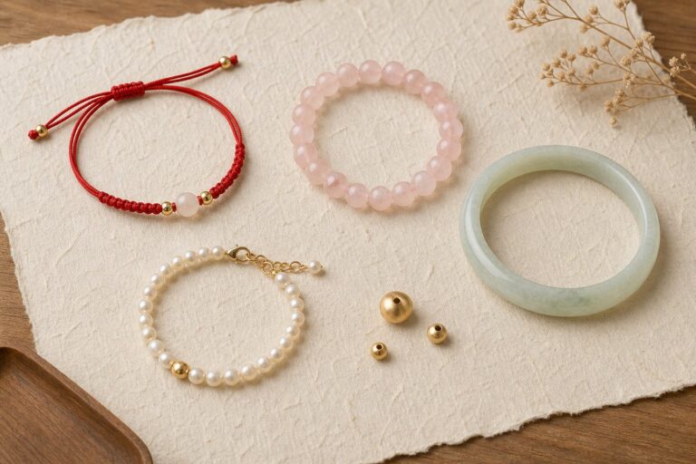 Red cord, rose quartz, jade bangle, pearl bracelet, and gold beads arranged on warm handmade paper