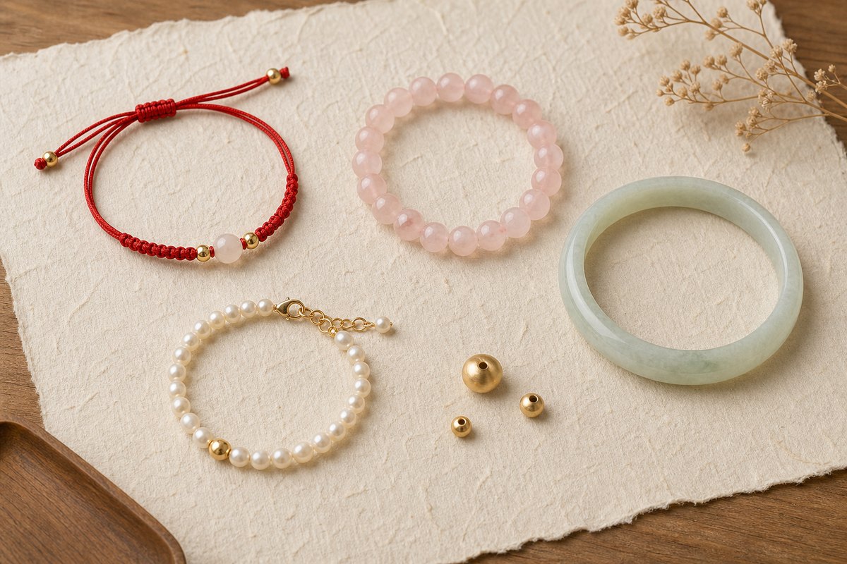 Red cord, rose quartz, jade bangle, pearl bracelet, and gold beads arranged on warm handmade paper