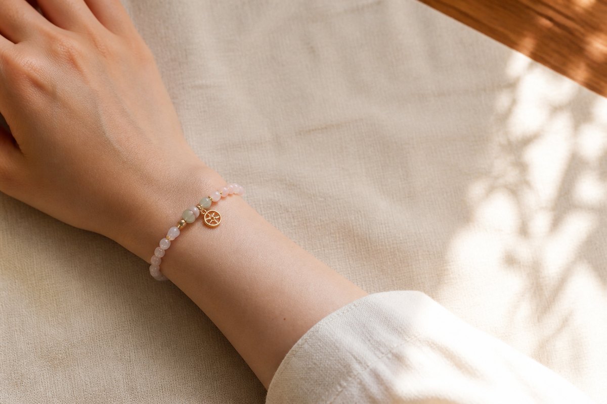Minimal bracelet worn on a wrist with warm linen and generous empty space