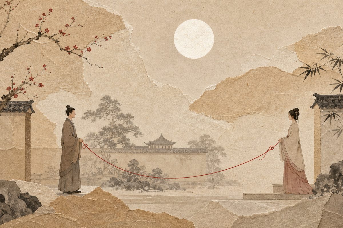 Two distant figures connected by a red thread beneath a pale moon in a paper-textured Chinese story scene