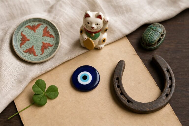 Restrained arrangement of cultural good luck symbols including a Chinese bat motif, Japanese lucky cat, scarab, eye amulet, horseshoe, and clover