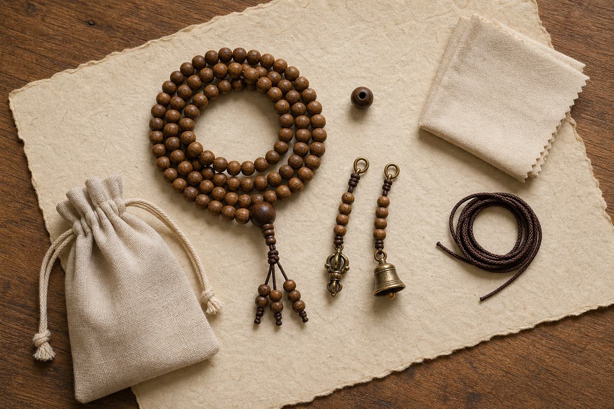 A mala, loose replacement bead, counter strands, care cloth, and storage pouch arranged for practical questions