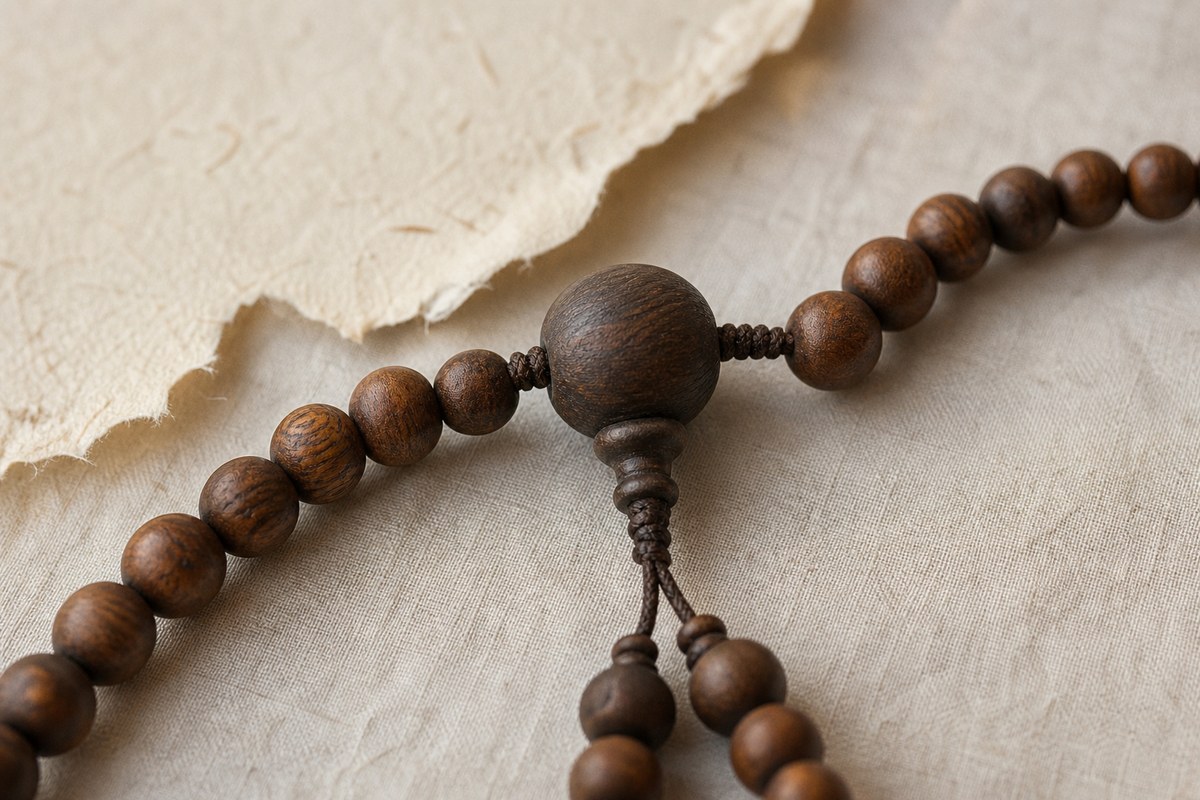 Macro view of a three-way mala bead joining both sides of the loop to a downward cord