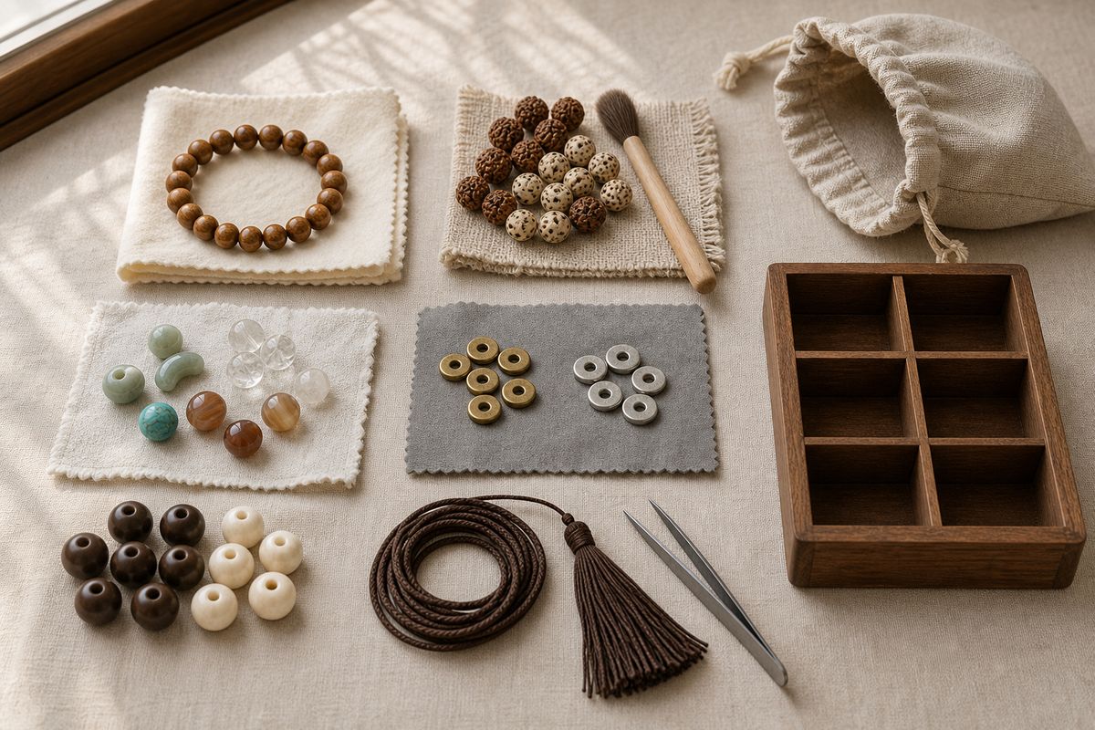 Wood, seed, stone, metal, bone-like, and cord mala materials arranged with suitable dry care tools