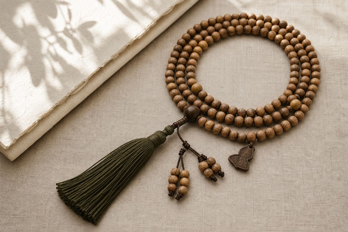 A naturally coiled wooden mala with a mother bead, quarter markers, counters, and tassel arranged on warm linen