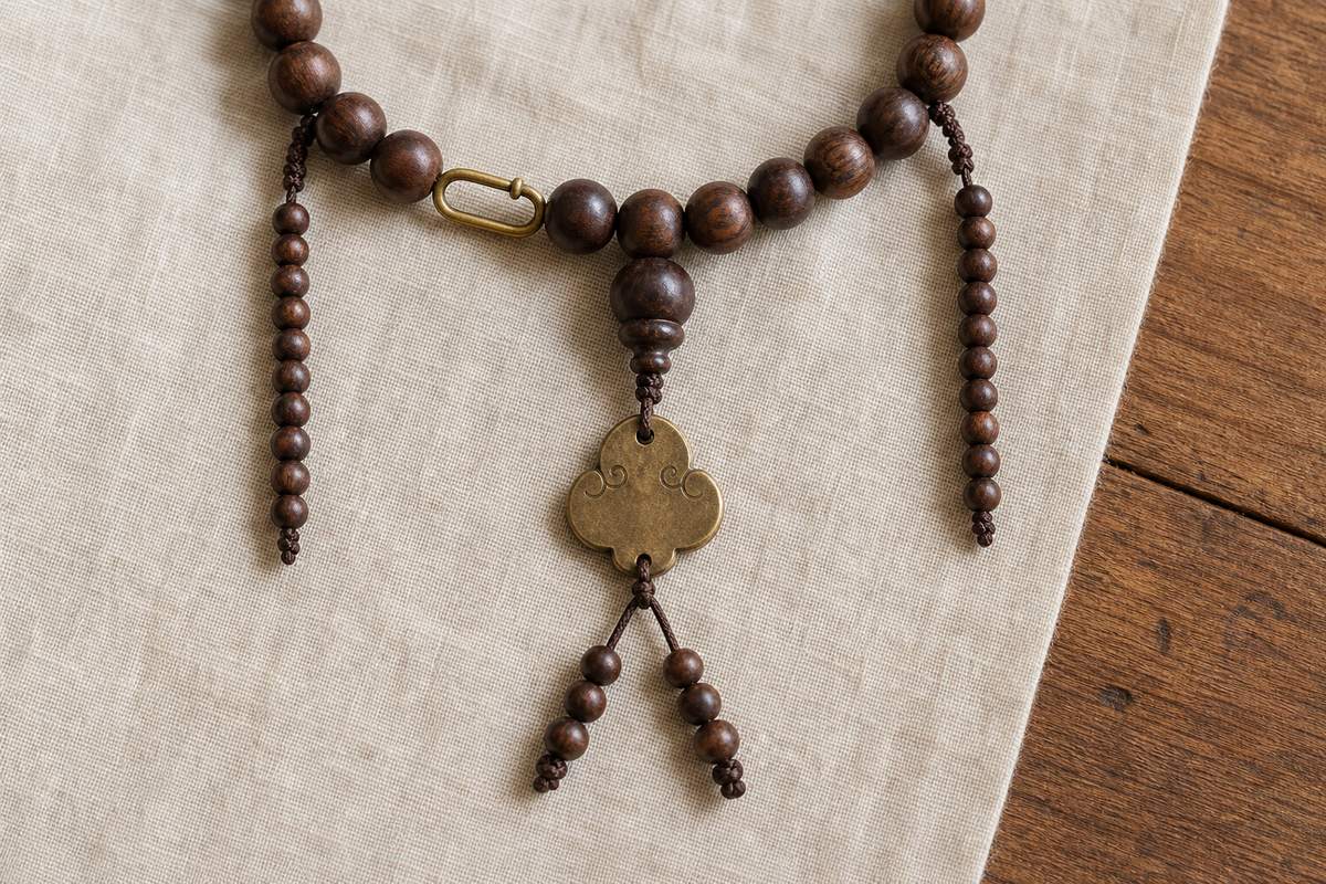 Close view of two mala counter strands, a movable clip, a back-cloud pendant, and paired disciple beads