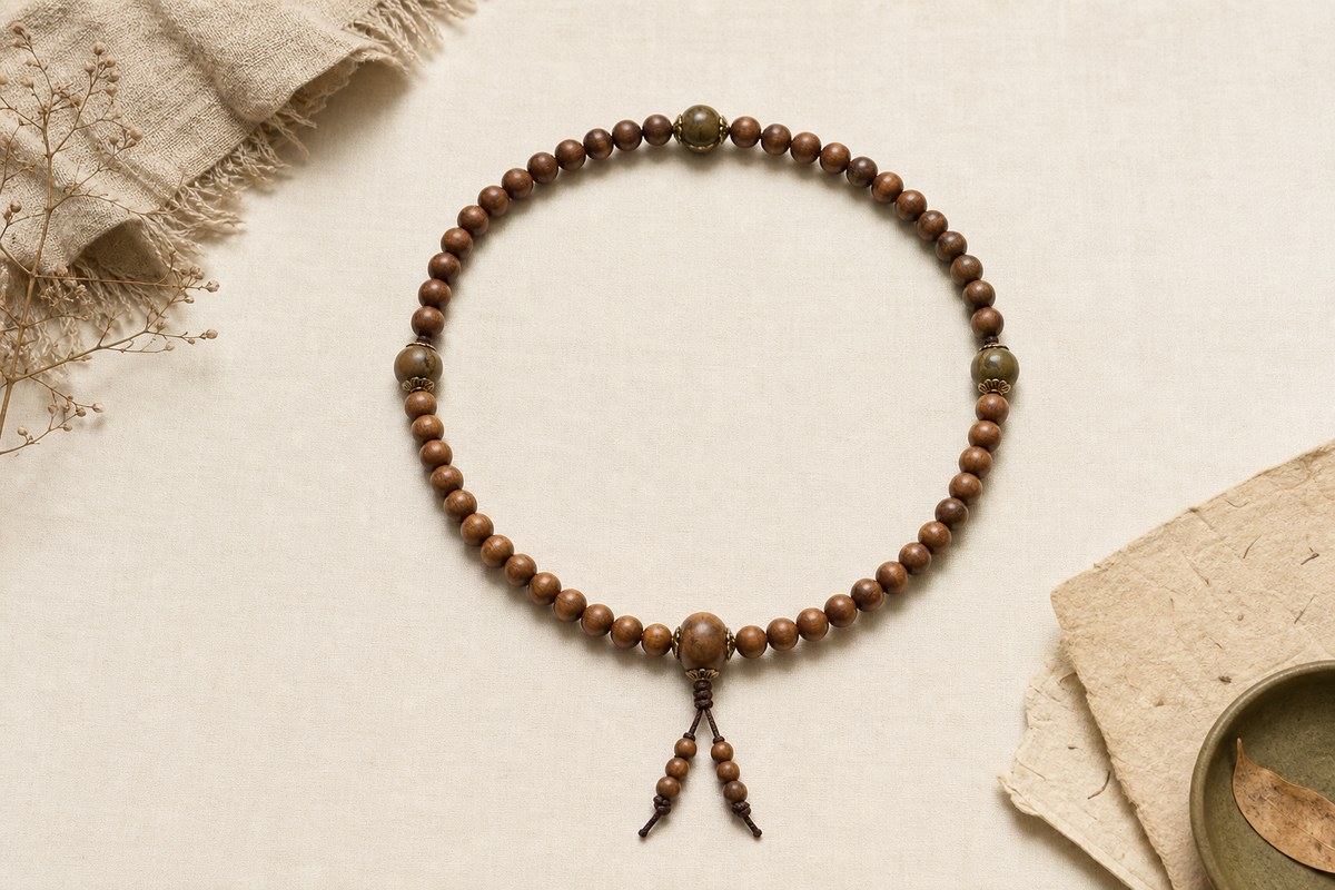 A mala arranged in four balanced arcs separated by one top bead, two waist beads, and a mother bead