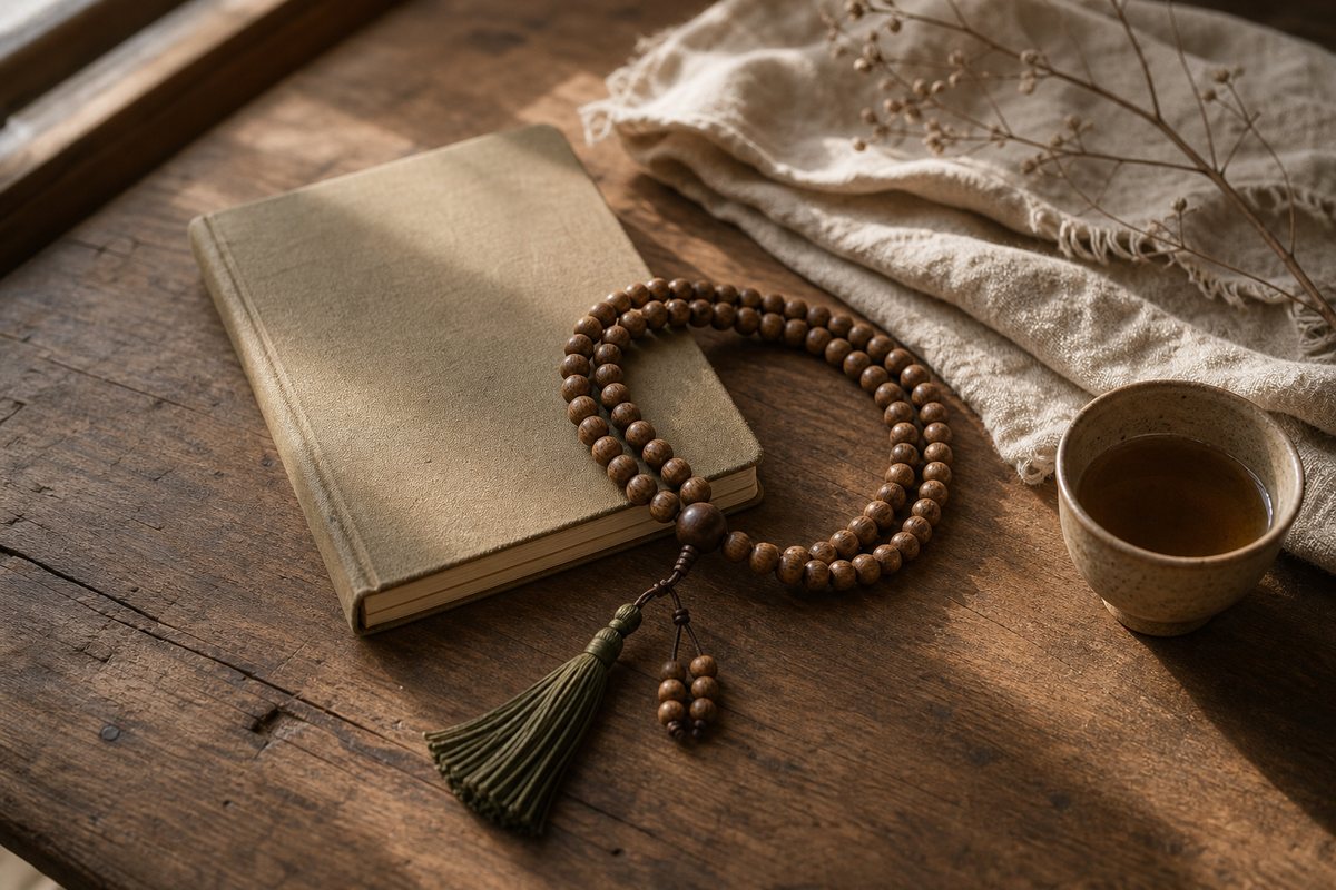 A well-used wooden mala resting beside a journal, folded cloth, and tea cup on a quiet desk