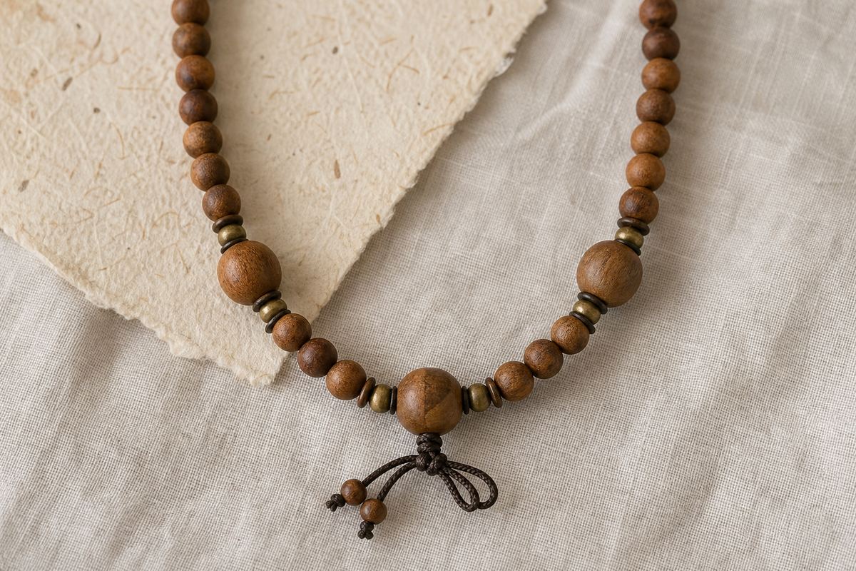 A partial mala strand showing a top bead, matched waist beads, feature separators, and thin protective spacer discs