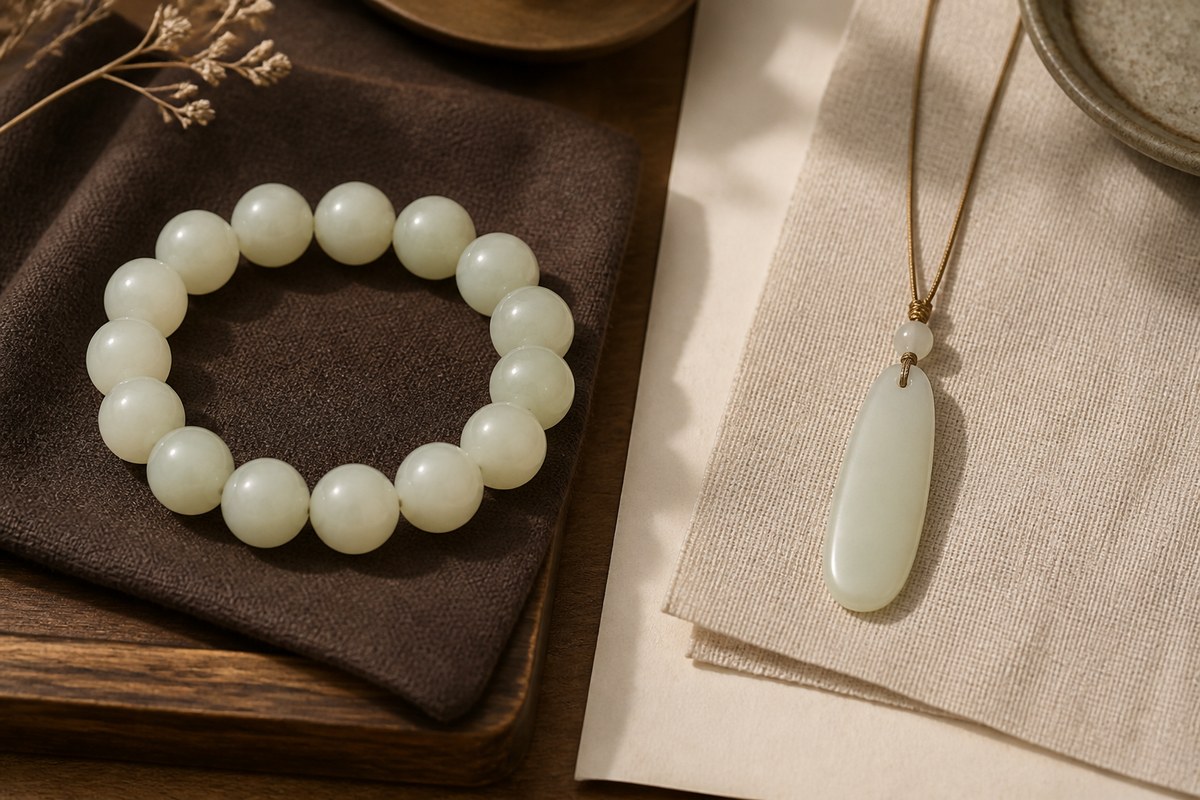 Larger jade bead bracelet on dark linen beside a slender pale jade pendant on light linen