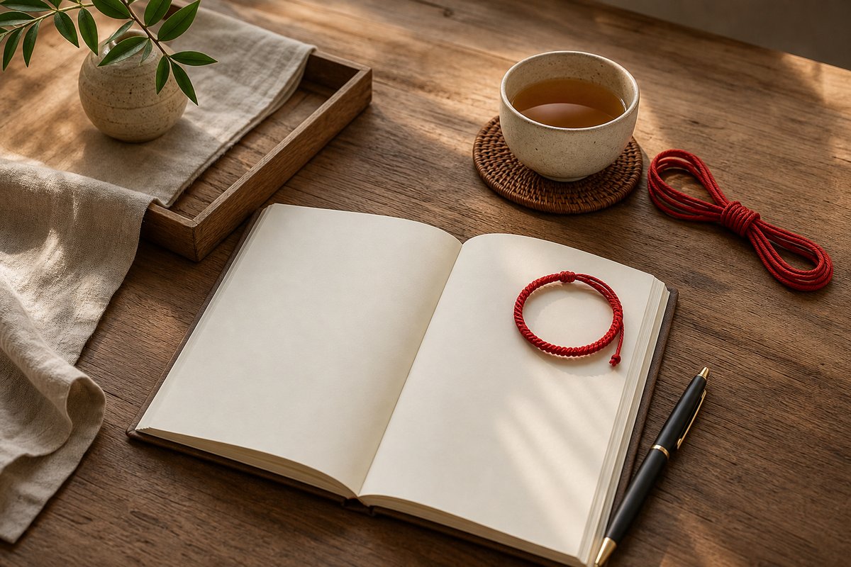 Blank notebook, tea, red string bracelet, and pen on warm wood for a practical Benmingnian approach