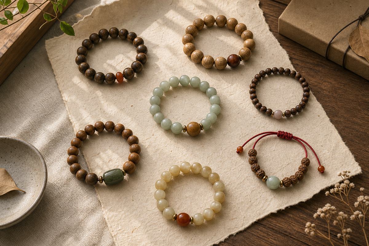 Contemporary Chinese bead bracelets in varied sizes and materials displayed on warm handmade paper