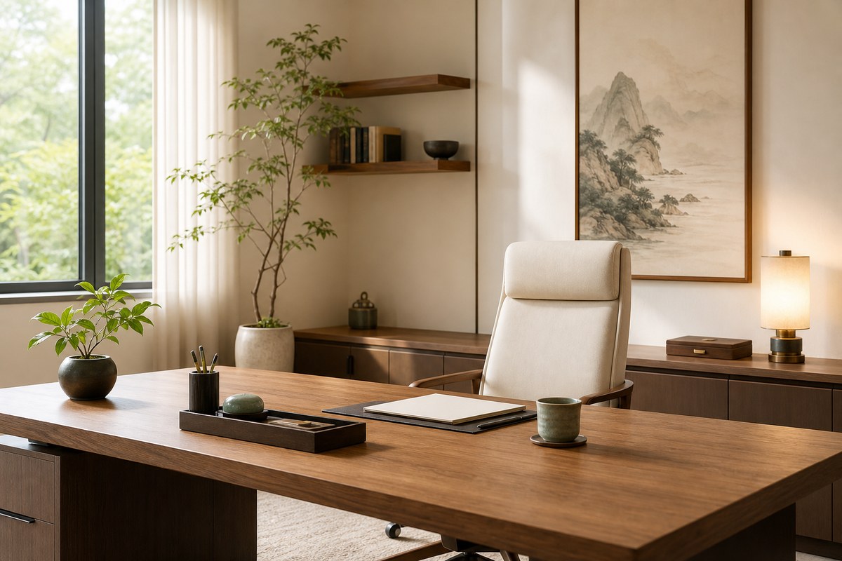 Modern warm office with supportive chair, clear desk, natural light, plant, and balanced open space