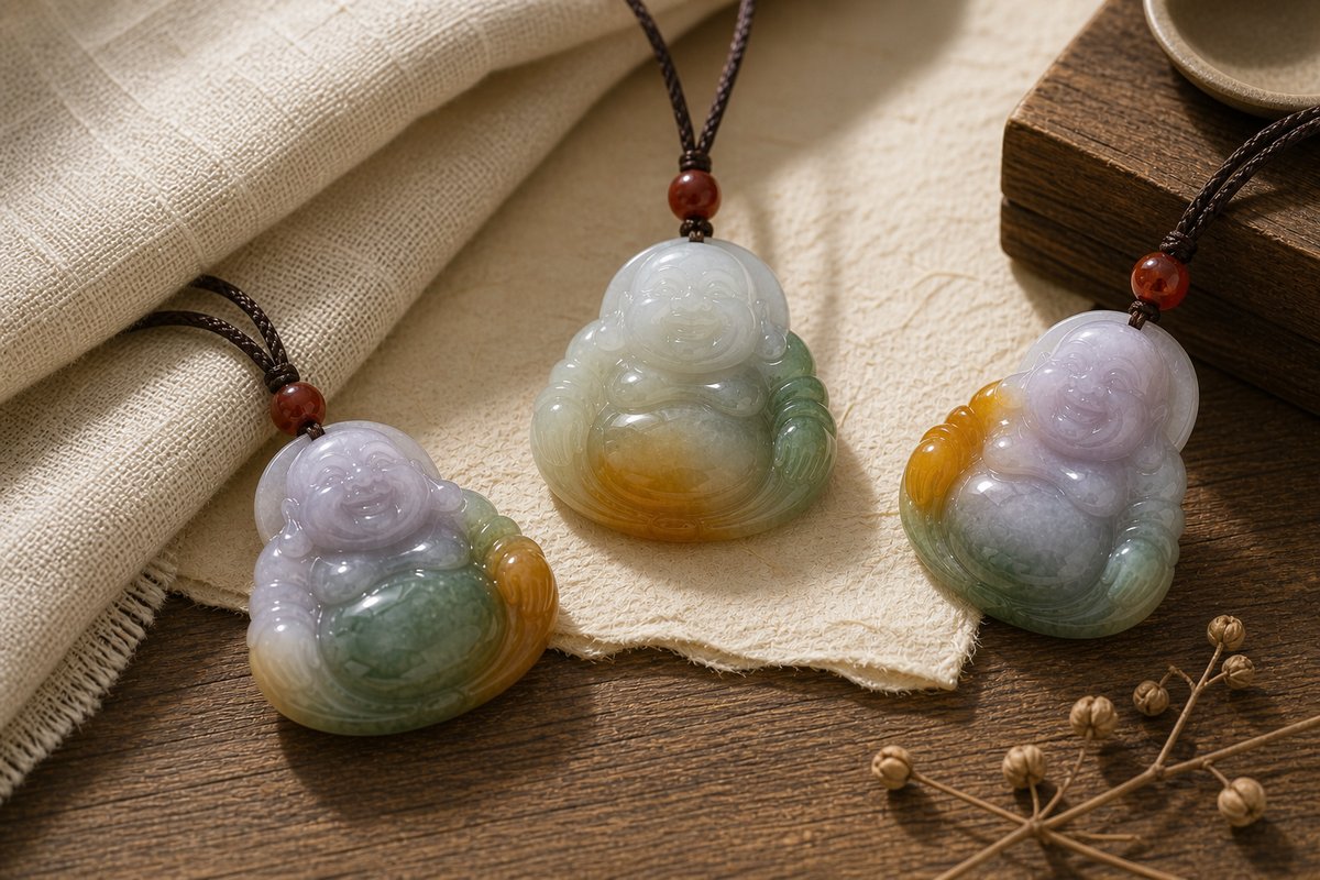 Multicolor jade Buddha pendants showing natural green, white, yellow, and lavender color zones
