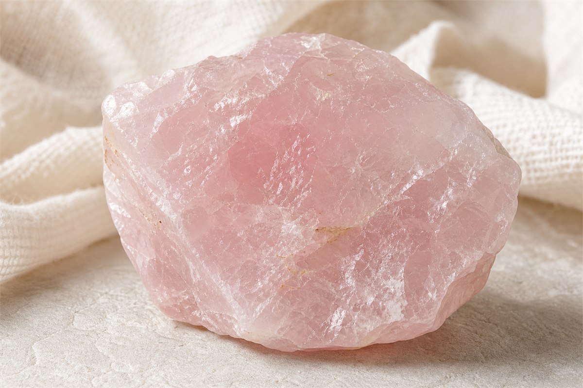 Natural rose quartz close-up showing soft pink translucency, cloudy inclusions, and mineral texture