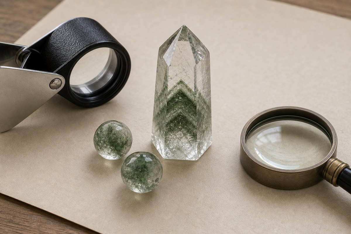 Green phantom quartz crystal and green quartz-like beads beside a jeweler loupe and magnifying glass