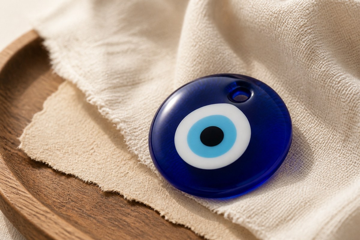 Close-up of a blue and white Nazar Boncugu glass evil eye amulet on warm linen