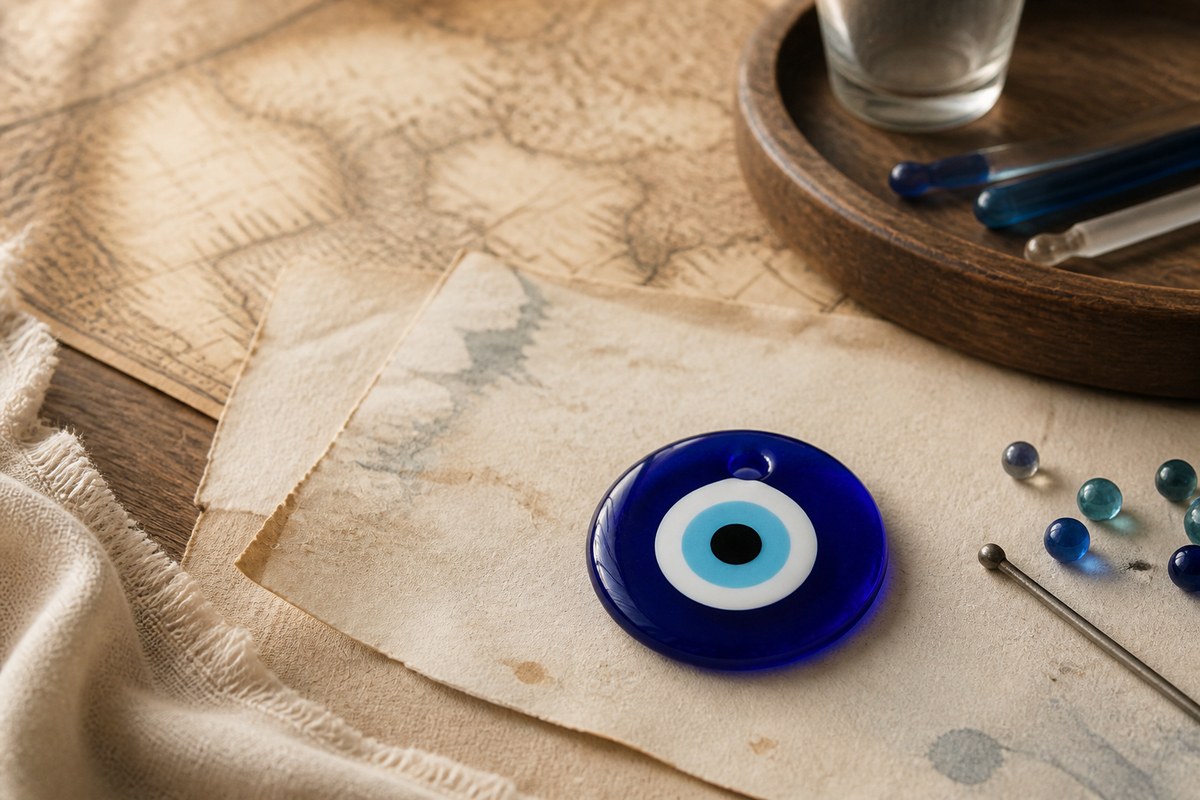 Blue Nazar glass bead on warm handmade paper and wood for evil eye amulet history