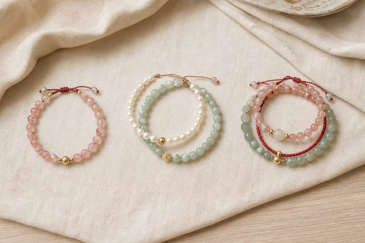 One bracelet, two bracelets, and three bracelets arranged separately on soft ivory fabric