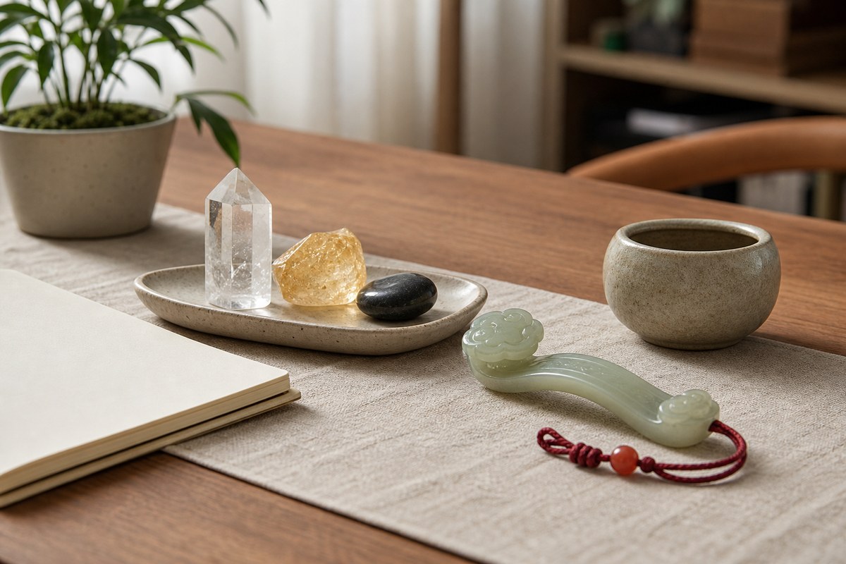 Clear quartz, citrine, small jade object, dark stone, ceramic cup, and red cord arranged modestly on a warm office desk