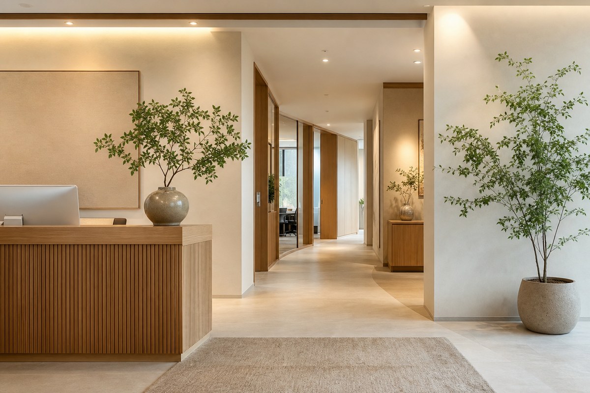 Bright office entrance with clear hallway path, warm wood reception counter, plant, neutral rug, and round ceramic vase