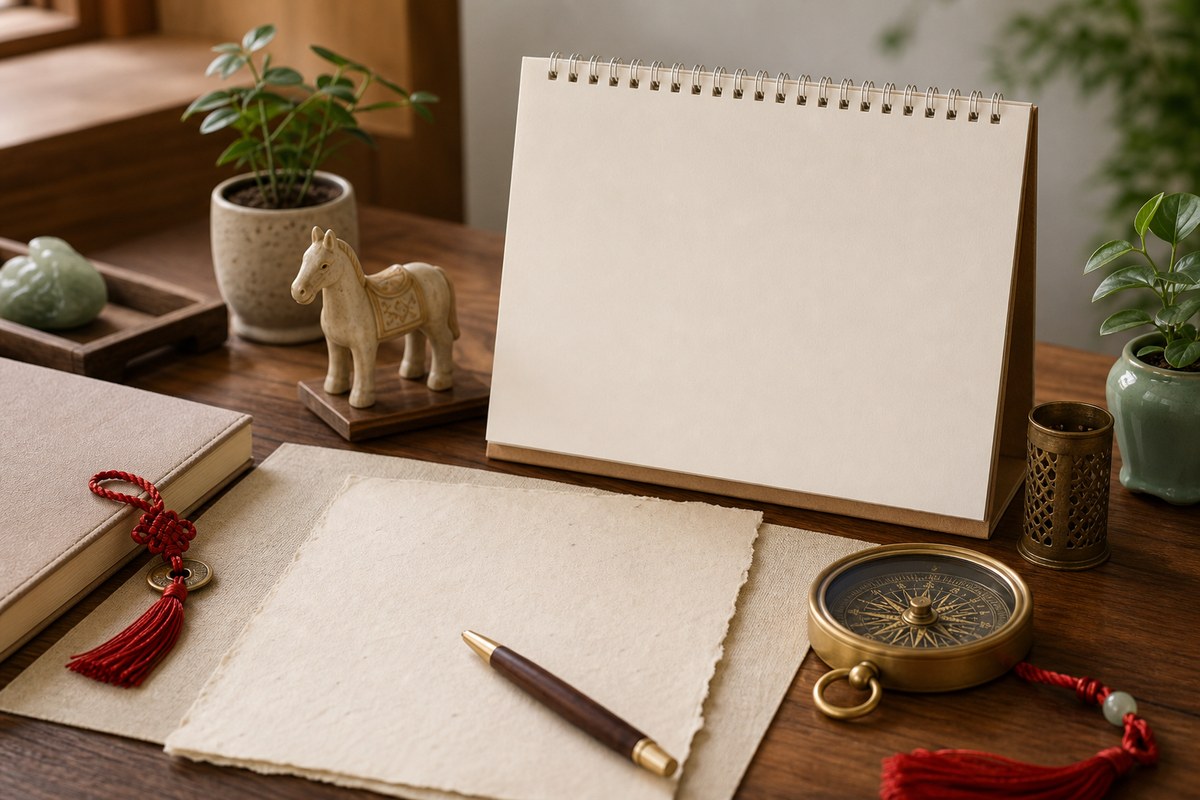 Blank calendar, small compass, horse token, red cord, jade plant, and parchment arranged on a warm office desk