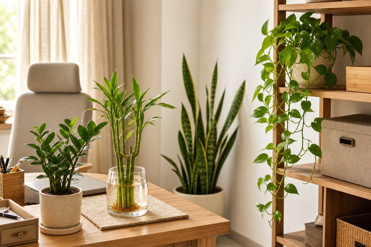Healthy lucky bamboo, pothos, snake plant, and small money tree arranged in a warm office with natural light