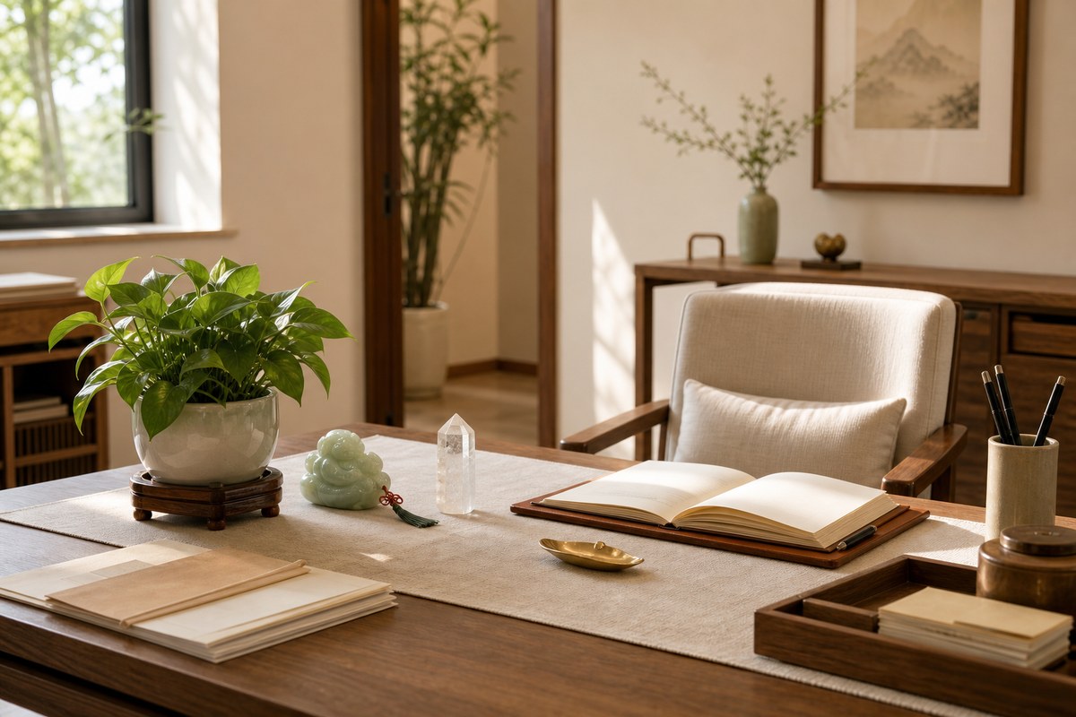 Clean office feng shui desk with wood surface, green plant, jade object, crystal, and open workspace