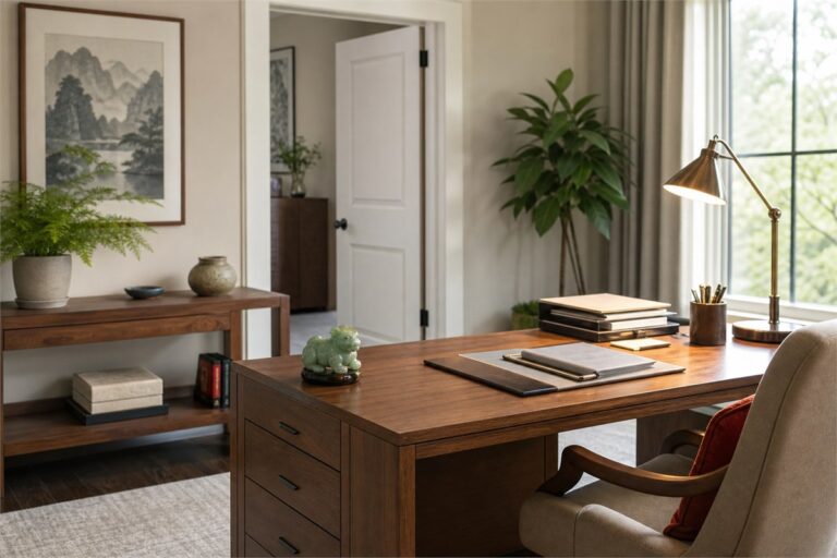Calm office feng shui workspace with wood desk, jade object, plant, and clear doorway view