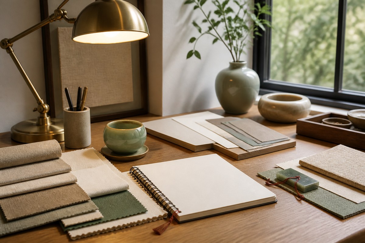 Office desk with soft task lamp, natural window light, blank notebook, neutral fabric swatches, and muted jade cup